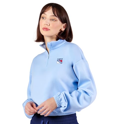 CERTO NHL New York Rangers Women's Cropped Quarter-Zip Pullover, Lightweight Sweatshirt with Long Sleeves and Relaxed Fit, Perfect for Layering, Casual Wear, Gym, Travel, and Everyday Outfits, Large