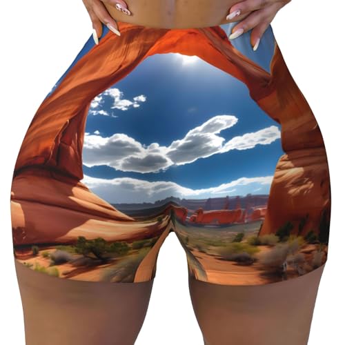 Pantaloncini da palestra da donna con stampa standard del parco nazionale degli archi, pantaloncini da motociclista, abbigliamento fitness, modellanti per sollevamento del culo, Nero , XXL