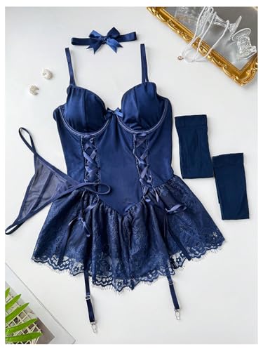 Image of SHENHE Women's Lace Babydoll Garter Lingerie Dress with Thong and Stockings Set