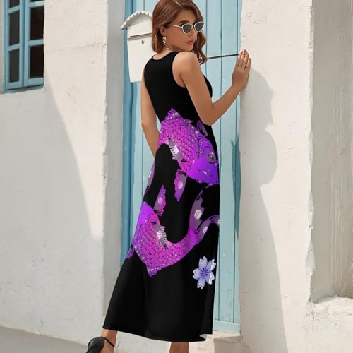Robe Longue Violettes Imprimé Poisson sans Manches | Robe Maxi Éte - 3