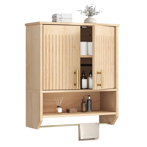 HOOBRO Armoire Murale pour Salle de Bains, Meuble de Cuisine avec Volets, Rangement Mural, Barre de Serviette, Étagère Réglable, pour Salle de Bains,...