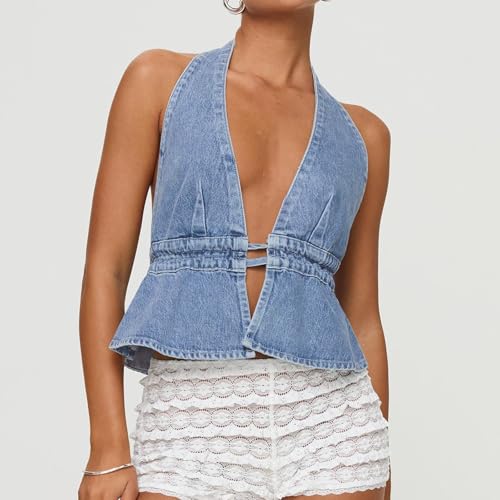 lisenraIn Women's Jean Vest Top Fashion Sleeveless Denim Halter Neck Top Y2K Sexy Backless Tie Back Denim Vest Tank Top4