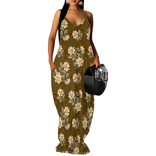 Image of Women's Summer Maxi Dress Spaghetti Strap Floral Boho Beach Long Sundress with Pockets