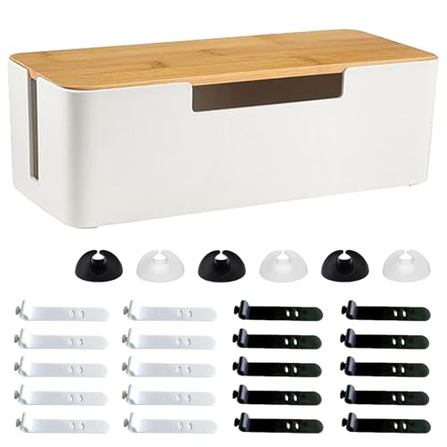 Boîte de Gestion des Câbles, 30x13x10cm Boîte de Rangement pour Câbles avec Couvercle, Attaches et Supports, pour Le Dissimulation des Fils électriques, Blanc
