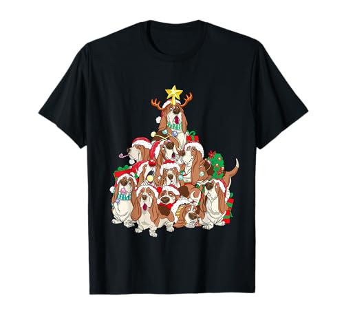 Questa divertente maglietta natalizia è ideale per tutti gli amanti del basset hound durante la Navidad o le vacanze natalizie. Presenta opere d'arte dei cani basset hound Santa che formano un albero di Natale. Buon Natale!