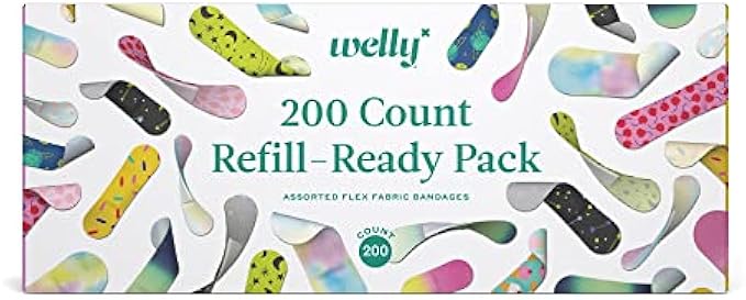 Welly Bandage Refill Ready Pack | Adhesive Flexible Fabric Bandages | Bulk Assorted Shapes and Patterns for Minor Cuts, Scrapes, and Wounds - 200 Count