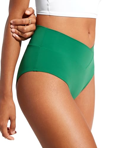 Image of CRZ YOGA V-Shaped High Waited Bikini Bottoms | Mid Cut Leg, Medium Bum Coverage, Cross Front, Swim, Bathing Suit Briefs for Women