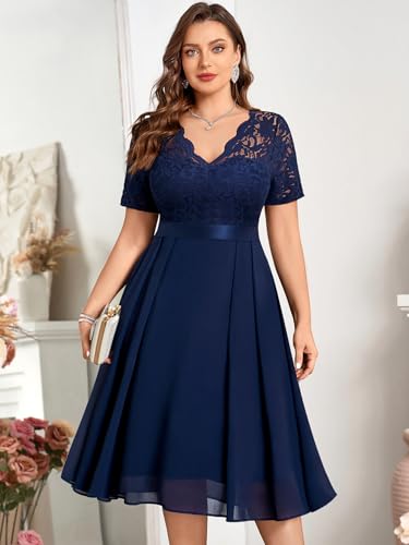 MISSMAY Women's Plus Size Lace Contrast Chiffon V Neck Flowy Cocktail Wedding Guest Midi Dress3