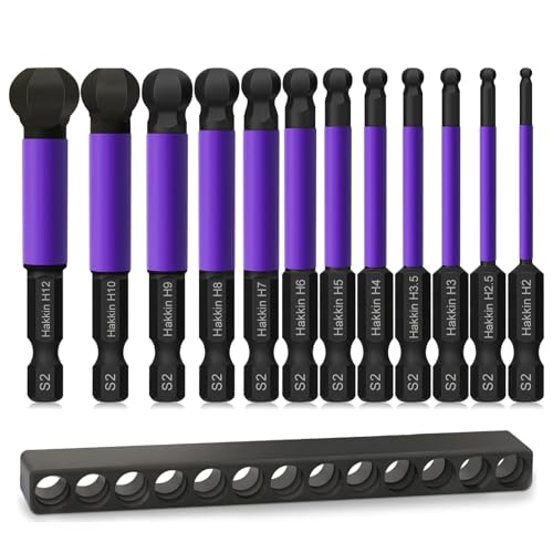 Hakkin Sechskant Bit Set Lang12 Stück 65 mm Kugelkopf Schraubendreher Bit 1/4 S2 Bitsatz für Akkuschrauber Innensechskant Schraubendreher Langer Bits Set Ball End Hex 2/2,5/3/4/5/6/8/10/12 mm