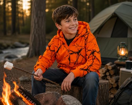 Image of TrailCrest by Treel Kids Orange Safety Full Zip High Visibility Thick Fleece Hoodie Sweatshirt Hunting Jacket