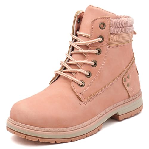 MELGONMG Hiking Combat Boots For Women'S Classic Round Toe Comfortable Non-Slip Waterproof Work Boots Winter Fur Lined Lace Up Low Heel Warm Backpacking Walking Trekking Ankle Boots (Pink,7)