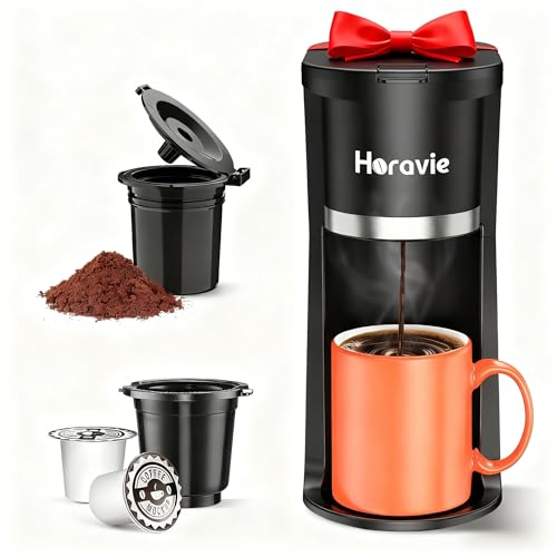 Horavie - Small Single Serve Coffee Maker, Fast Brew One Cup Coffee Machine for K Cup and Grounds, 6 to 12 oz. Brew Sizes, Capsule Coffee Machine with Descaling Reminder and Viewing Tank, Black