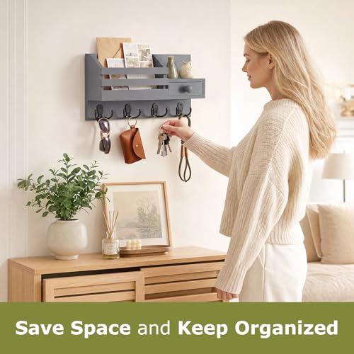 Image of Key Holder Wall Mount, Wooden Adhesive Mail and Key Organizer with Drawer, Small Shelf, 8 Hooks, 2 Installation Methods, Gray
