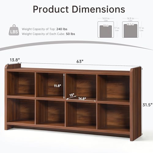 Image of 8 Cube Low Storage Organizer, 63 inch Long Horizontal Bookshelf, Walnut