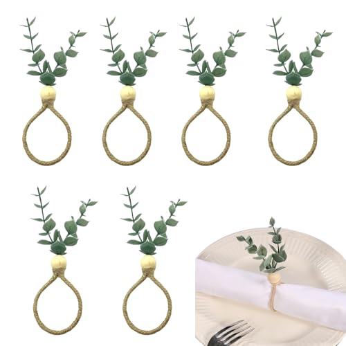 KASESSS 6 Piezas Servilleteros de Eucalipto, Servilleteros de Hojas Artificiales, Estilo Bohemio Anillos para Servilletas, Anelli per Tovaglioli con Perline di Legno para Fiesta, Bodas, Decoración