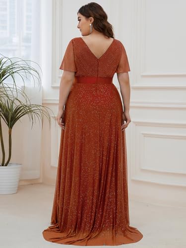 Image of Ever-Pretty Plus Women's Glitter Formal Dress Evening Gown for Gala V-Neck Short Sleeve Floor Length Plus Size Prom Dresses