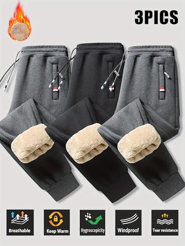 3pcs Men's Print Solid Color Fleece Lining Sweatpants with Drawstrings, Casual Warm Thickened Windproof Trousers2