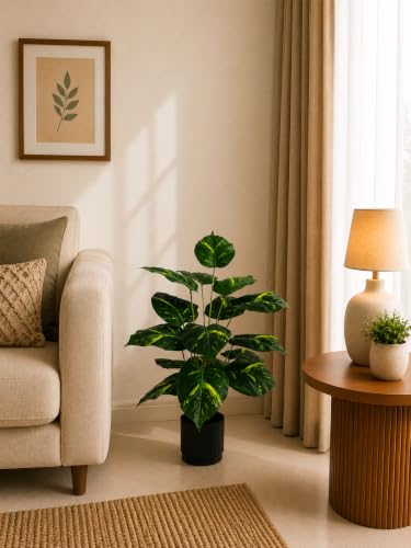 Image of Cocco.BUA Artificial Plant with Black Pot, 18 Leaves, 76 CM (2.5 Feet) (Variegated Green Plant)