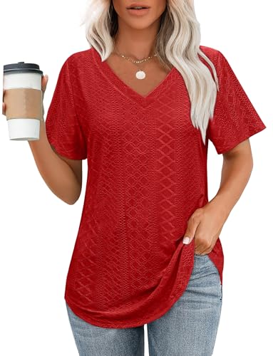 Aokosor Ladies T Shirts Size 14-16 for Women Plus Size Clothing Summer Tops V Neck Short Sleeve Tshirt Curved Hem Tees Loose Fit Red