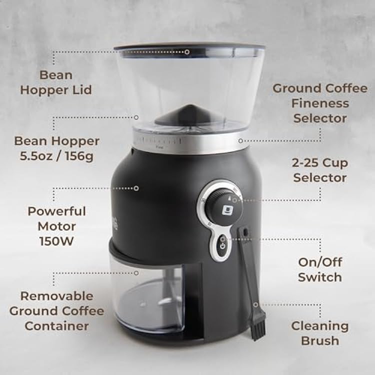 Kaffe Electric Burr Coffee Grinder (5.5oz) - Conical Burr - 25 Adjustable Coarseness Levels - Matte Black - Cleaning Brush Included
