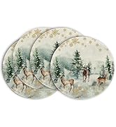 Artoid Mode Watercolor Deer Trees Snowflakes Christmas Round Placemats Set of 4, 14 Inch Winter R...