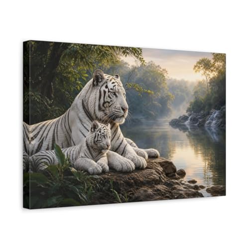 Tableau tigre blanc réaliste pour habiller un mur vide au-dessus du canapé