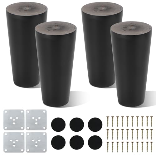 AWBEOT 4 Piezas Patas para Muebles Madera 10 cm Conicas Patas de Madera para Muebles de Mesa Pâtas de Repuesto para Sofá Cama Armario Silla con Placa de Montaje, Almohadilla Antideslizante, Tornillo