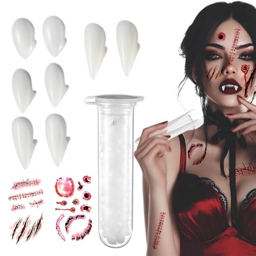 AHYDFSR Kit de 4 Colmillos de Vampiro, Dientes de Vampiro de Halloween con 1 Tubo de Pellets de Dientes Adhesivos y 2 Hojas de Tatuajes Halloween, para Cosplay Party Props Colmillos