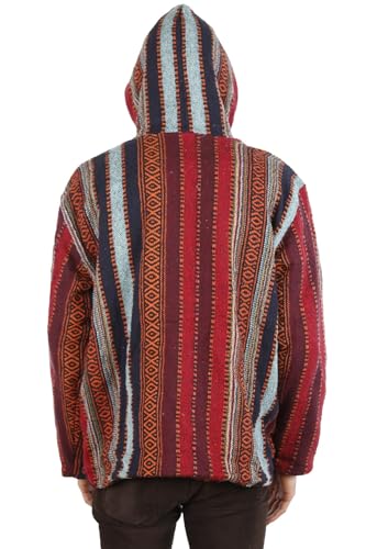 Sunshine Joy Reversible Fleece Lined Woven Baja Style Zip Up Hoodie Hooded Jacket - Brick Stripe2