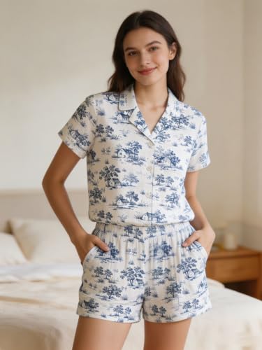 Image of Women's Button Down Pajama Set with Pockets Soft Loungewear S-2XL