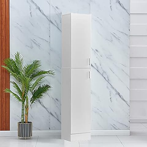 Kitchen Tall Cupboard, Narrow Floor Stand Cupboard Organizer, High Gloss Wood Slim Storage Unit with 2 Doors 4 Shelves, Tallboy Corner Shelving Cabinet for Living Room Bedroom Bathroom Office, White Cover