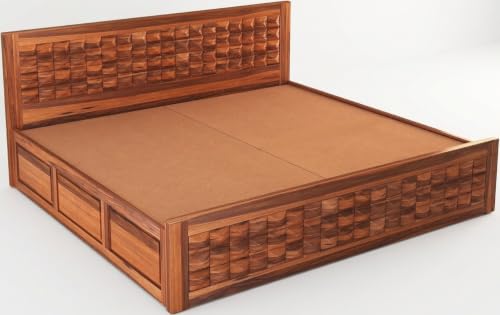 Image of Solid Sheesham Wood King Size Bed with Storage|Wooden Box Bed King Size Double Cot Bed with Storage Box for Home,Bedroom,Hotel,Living Room|3D Diamond Carved Design Headboard|Honey Finish
