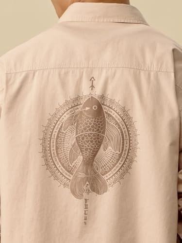 Image of The Souled Store The Mythical Archer Men and Boys Long Sleeves Collared Neck Button Front Beige Printed Cotton Relaxed Shirts