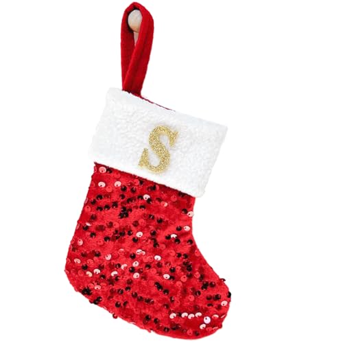 Mini Initial Monogram Christmas Stocking with Glitter Sequins, Red Velvet Small Christmas Stockings for Xmas Family Holiday Fireplace and Tree Decorations (S-red)