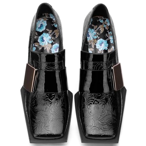 Image of Loafers for Women Patent Leather Buckle Square Toe Chunky Block Dress Slip On Wide Casual Comfortable Dressy High Heels Ladies Comfort Moccasins Elegantes 2 Inch Shoes