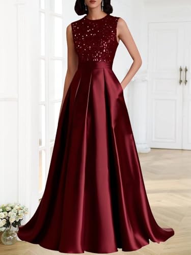 Long Satin Mother of The Bride Dress Scoop Neck Sequin Prom Party Dresses Sleeveless Ball Gown DD0514