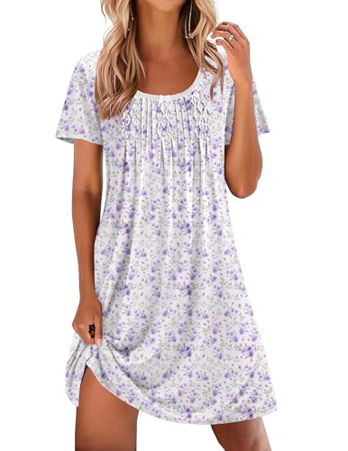 Image of Ekouaer Nightgowns for Women Pleated Sleep Shirts Short Sleeve Night Shirts Lace Trim Night Gown Ladies Sleep Dress