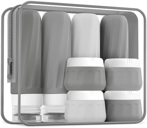 Travel Bottles for Toiletries 8 Pack, TSA Approved Travel Size Containers 3oz, Leak Proof Silicone Squeezable Creams Jars with Clear Travel Bag