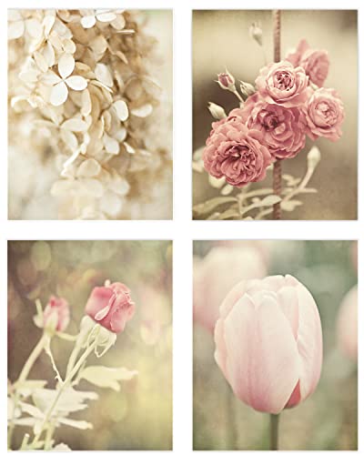 Lisa Russo Fine Art - Pink And Off White Flower Art Prints - Set Of 4 - Unframed - Pink Shabby Chic, French Country Floral Pictures For Bathroom, Bedroom, Or Nursery Wall Decor (5X7 Prints) #TOP14