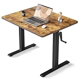 FEZIBO 32' Whole Piece Crank Height Adjustable Desk, 32 Inches Manual Standing Desk, Writing Table with Handle, Home Office Desk with Black Frame/Rustic Brown Top