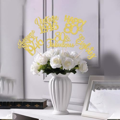 Image of 15 PCS 80th Birthday Centerpiece Sticks Double Sided Eighty Happy 80th Vintage 1946 Table Flower Centerpieces Sticks Cheers to 80 Fabulous Floral Decorations for 80th Birthday Party Supplies Gold