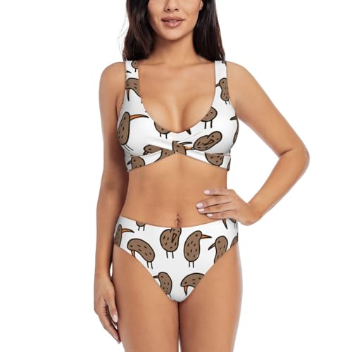 Kiwi fågel söt prinrt bikini baddräkter för kvinnor V-hals 2 delar baddräkter strand sommar badkläder, Svart, XL