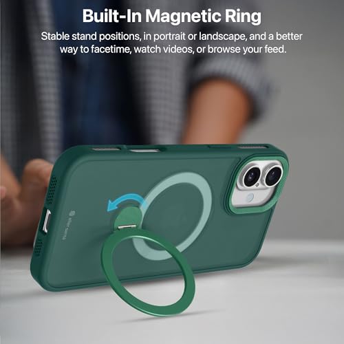 Image of eller sante Maximus Back Cover Case for iPhone 16 Plus with Magnetic Alloy Ring Metal Kickstand Camera Protector TPU Shockproof 10ft Drop Protection Compatible with Mag-Safe- Green