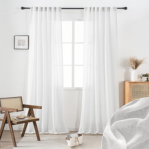 White Linen Extra Long Sheer Curtains 120 Length for Living