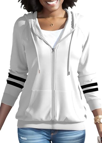 Nimsruc Zip Up Hoodies For Women Long Sleeve Casual Oversized Sweatshirts Cute Fall Hoodie With Pockets White L