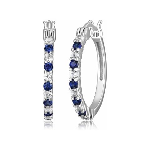 MORGAN & PAIGE .925 Sterling Silver Rhodium Plated Lab Created Alternating Blue and White Sapphire Hoop Earrings for Women - Lightweight Dainty Hypoallergenic Sapphire Jewelry for Women Cover