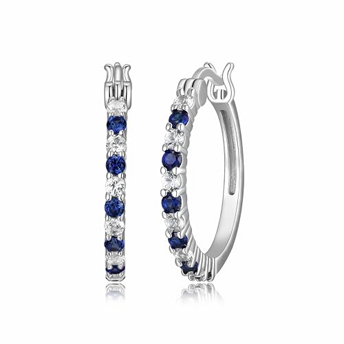 MORGAN & PAIGE .925 Sterling Silver Rhodium Plated Lab Created Alternating Sapphire, Ruby or Cubic Zirconia Hoop Earrings for Women - Sterling Silver Earrings Lightweight and Hypoallergenic Jewelry