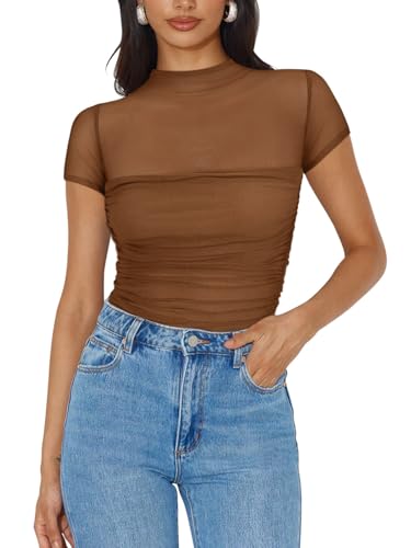 Image of REORIA Women's Sexy Mock Turtle Neck Short Sleeve Shirts Sheer Mesh Ruched Trendy Going Out Bodysuits Tops