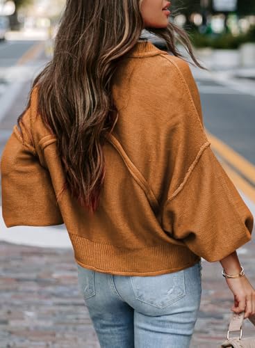 EVALESS Women's 2024 Lantern Long Sleeve Crewneck Sweater Casual Solid Color Ribbed Hem Knitwear Pullover Cropped Tops4