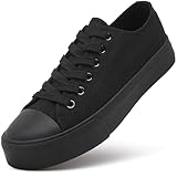 ZGR Womens White Tennis Shoes for Women,Lace up Canvas Sneakers,Casual Walking Canvas Shoes(Full Black.US9)